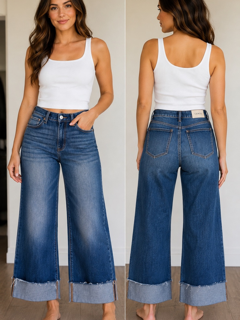 Ceros Jeans Wide Leg Cuffed Denim Jeans Size 7/28 Medium Wash Raw Hem